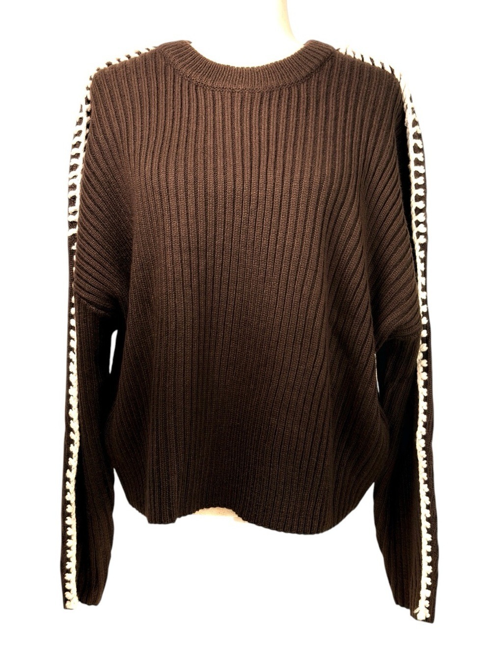 Elan Ribbed Blanket Stitch Sweater Brown M Granola Girl Cozy Indie Boho Earthy - Picture 8 of 12